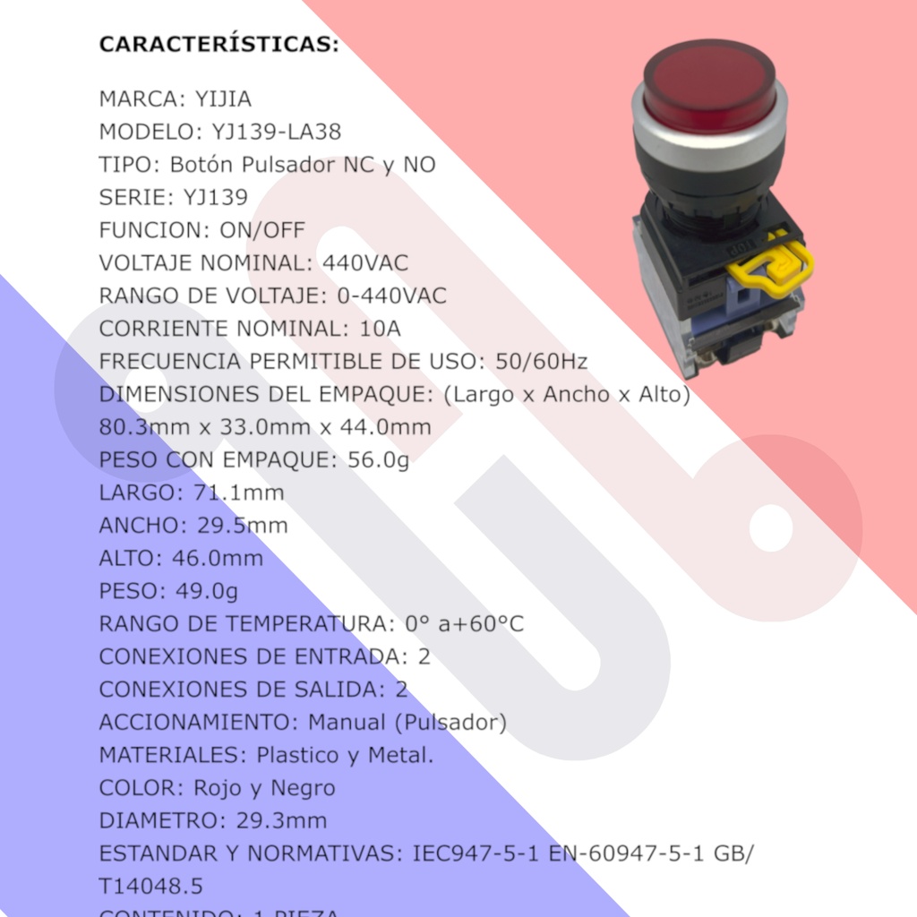 Interruptor Botón Push Button Arranque Industrial YJ139-LA38 Rojo