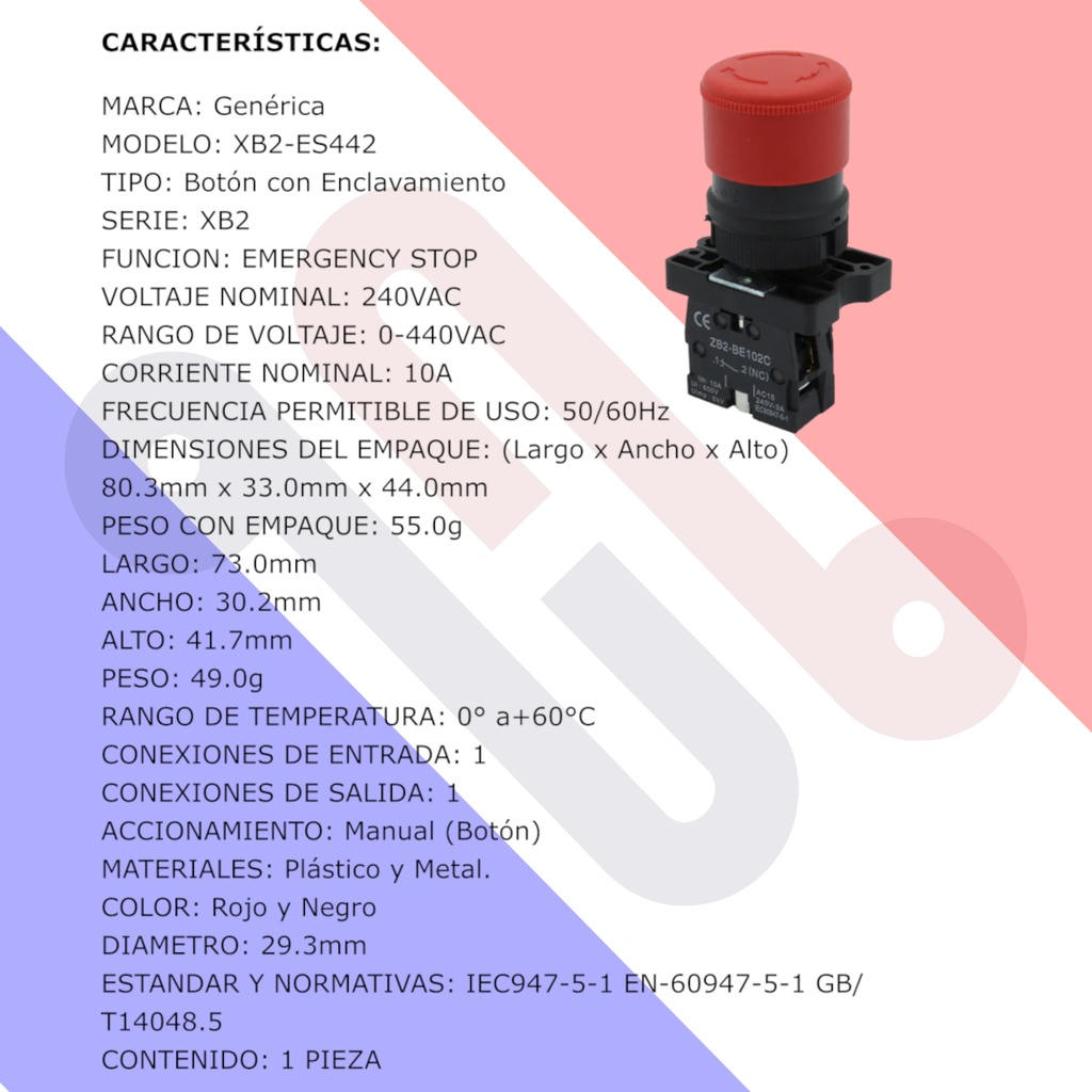 Interruptor Botón Push Button Paro de Emergencia Industrial XB2-ES442 22mm Rojo