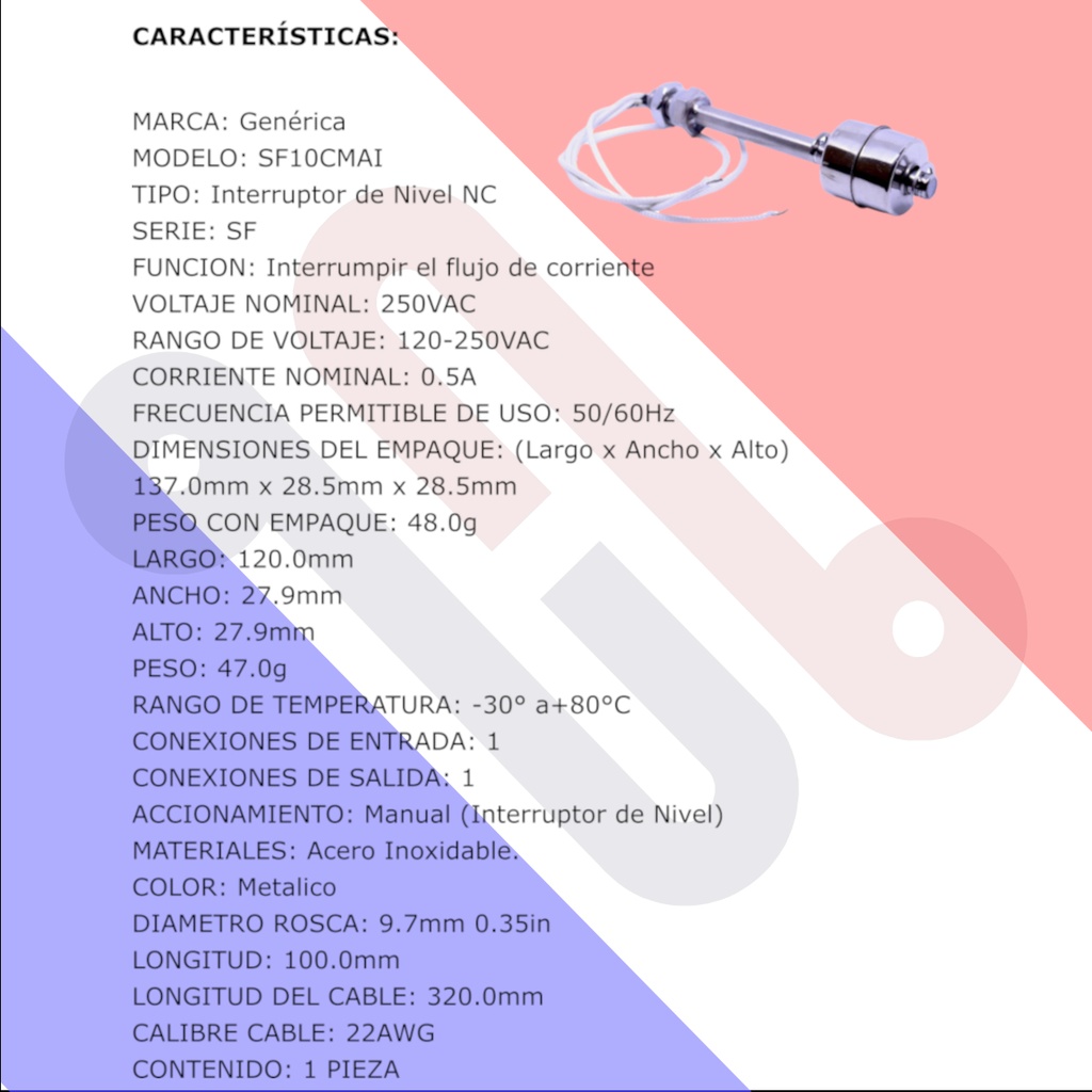 Sensor Flotador SF10CMAI Switch Metalico 10cm Controlador De Nivel De Agua Acero Inoxidable