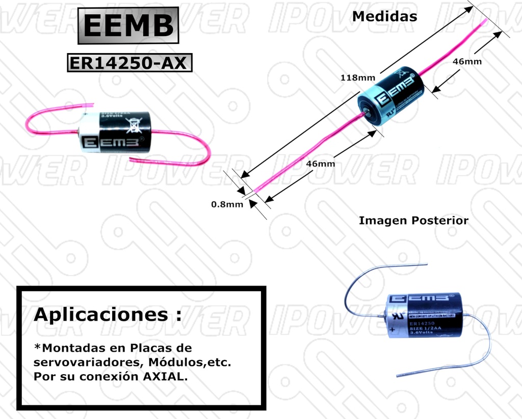 Pila Batería EEMB 14250 ER14250-AX 3.6V 1200mAh AA Conector Axial