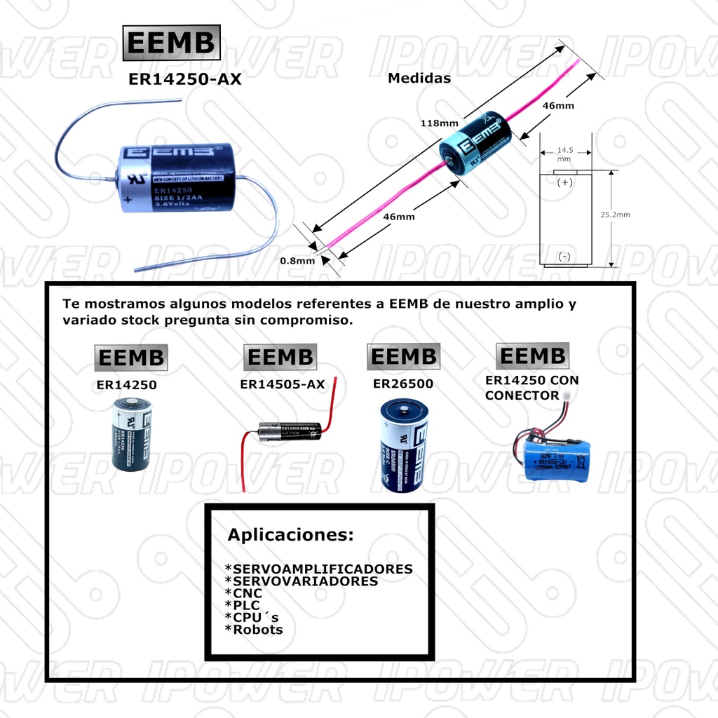 Pila Batería EEMB 14250 ER14250-AX 3.6V 1200mAh AA Conector Axial