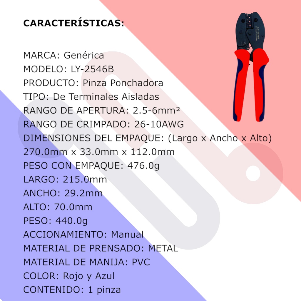 Pinza Ponchadora LY-2546B Para Terminales Aisladas 26-10Awg 2.5-6mm2