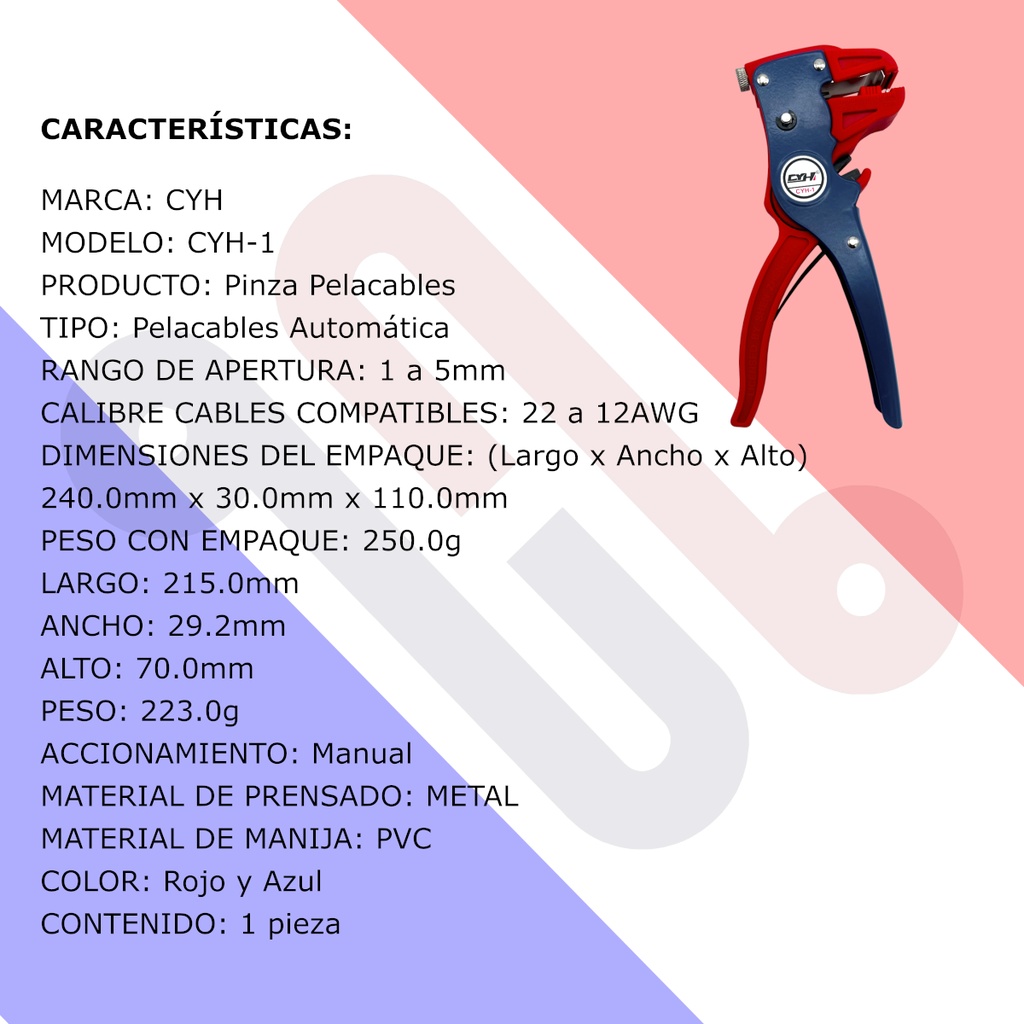 Pinza Pelacables CYH-1 Automática Cables calibre 22 AWG a 12 AWG