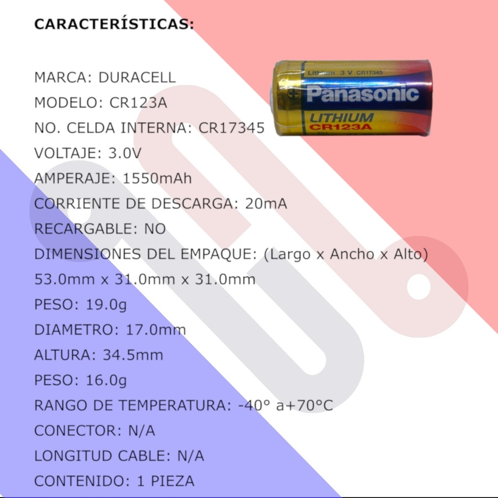 Pila Batería Panasonic CR123A 3V De Litio