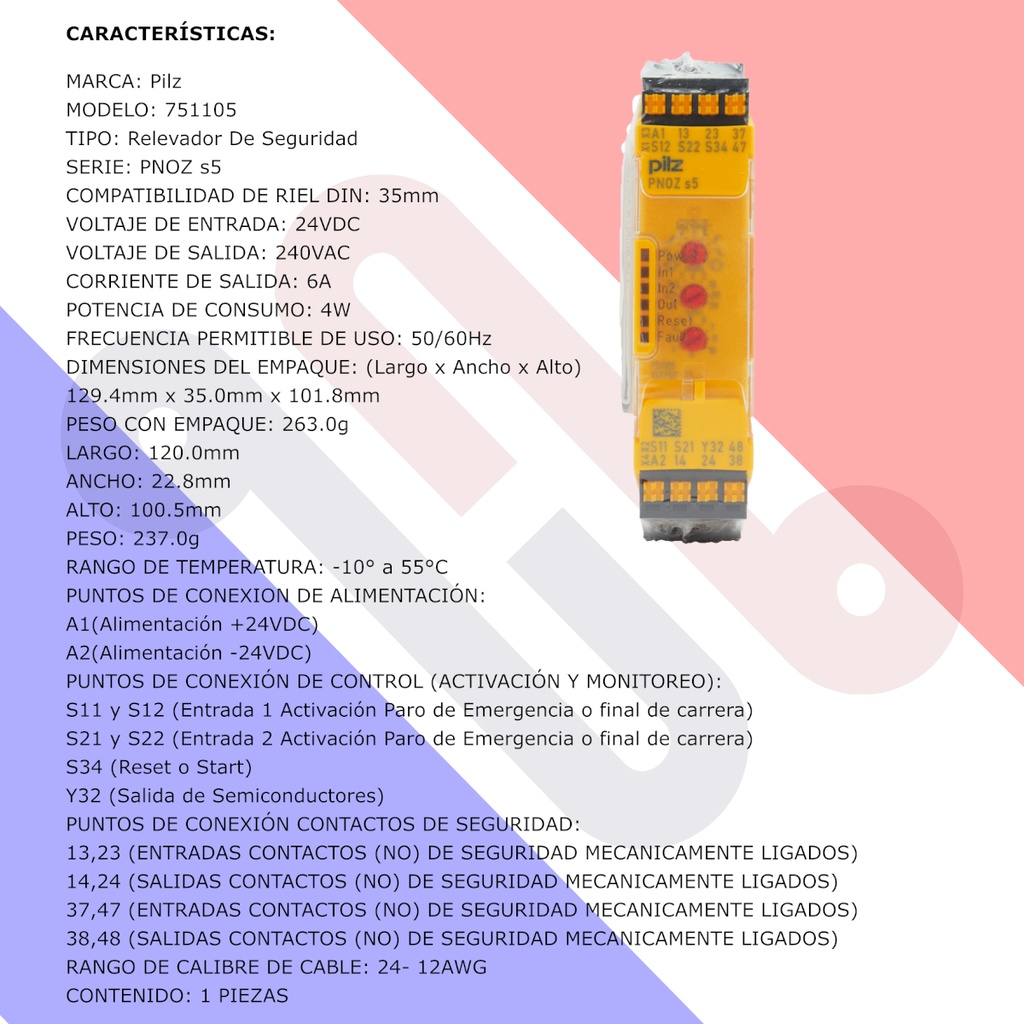 Relé De Seguridad Pilz PNOZ S5 C 751105 24VDC 2n/o 2n/o t Para Riel DIN