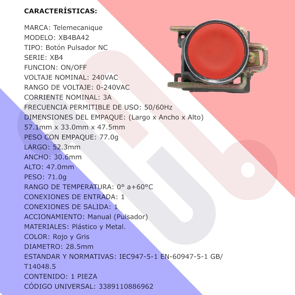 Interruptor Botón Push Button Telemecanique XB4BA42 ZBE-102 Ø22 NC Rojo Retorno Resorte Nivelado