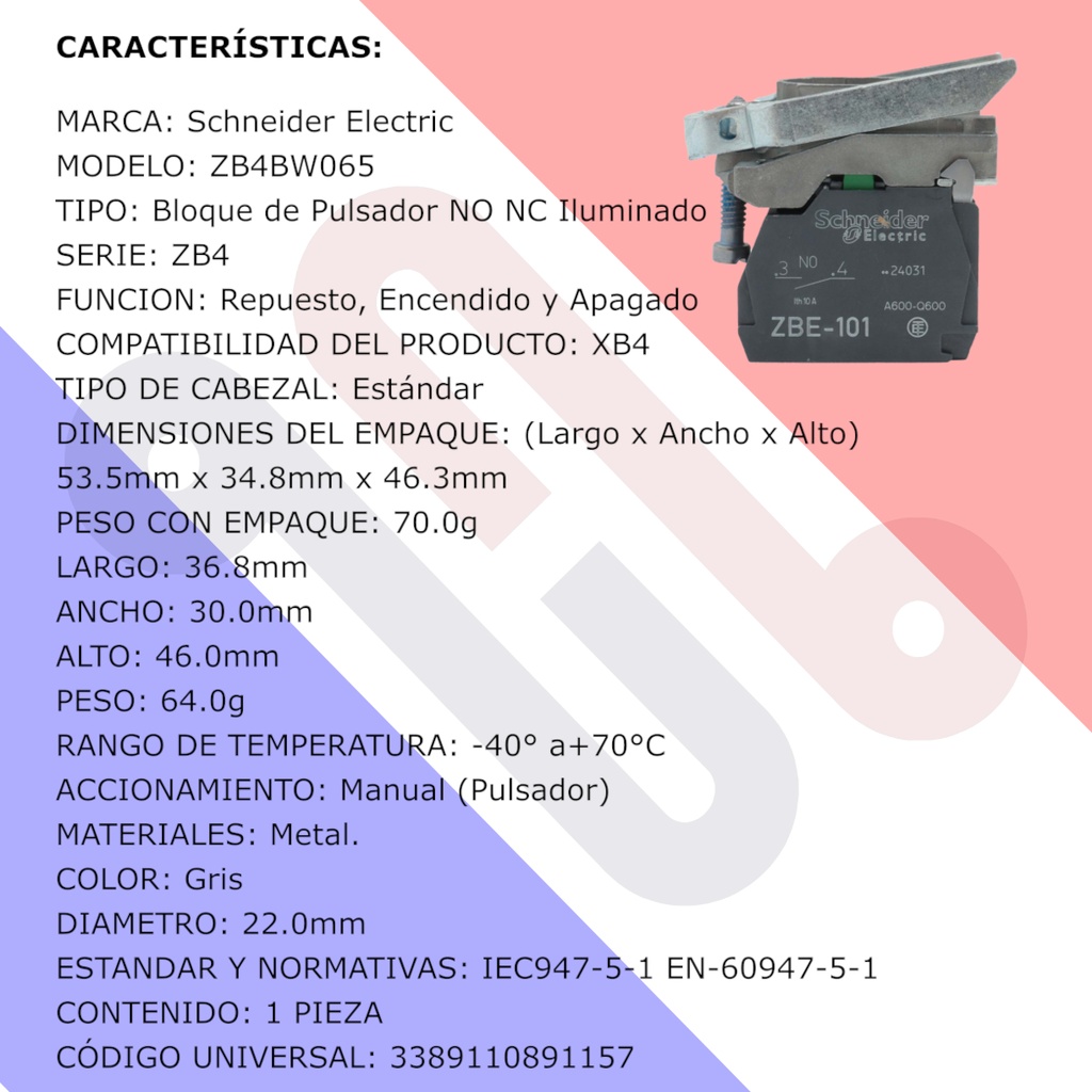 Bloque Luz Cuerpo/Collar Schneider Electric ZB4BW065 Para Bombilla BA9s 250V 1 NO + 1 NC Fijación Metal Azul