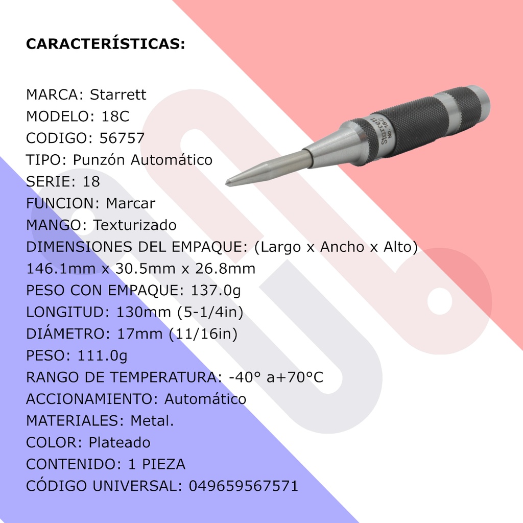 Punzón Centrador Automático Starrett 18C 5-1/4" x 11/16" Ajustable