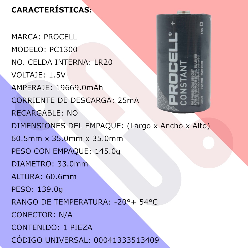 Pila Batería Procell PC1300 1.5V Tipo D Alcalina Industrial