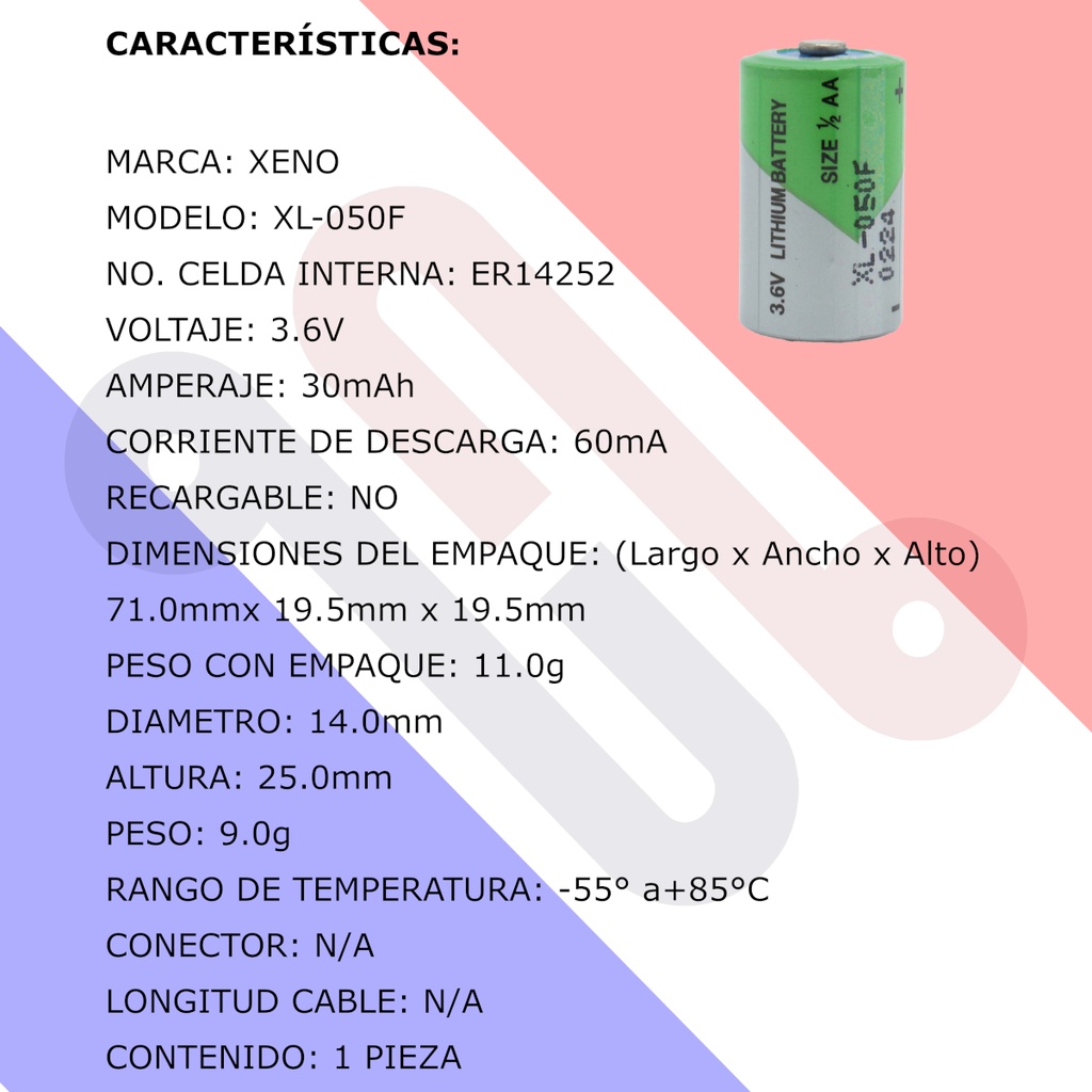 Pila Batería Xeno Energy XL-050F 3.6V 1/2 AA Litio