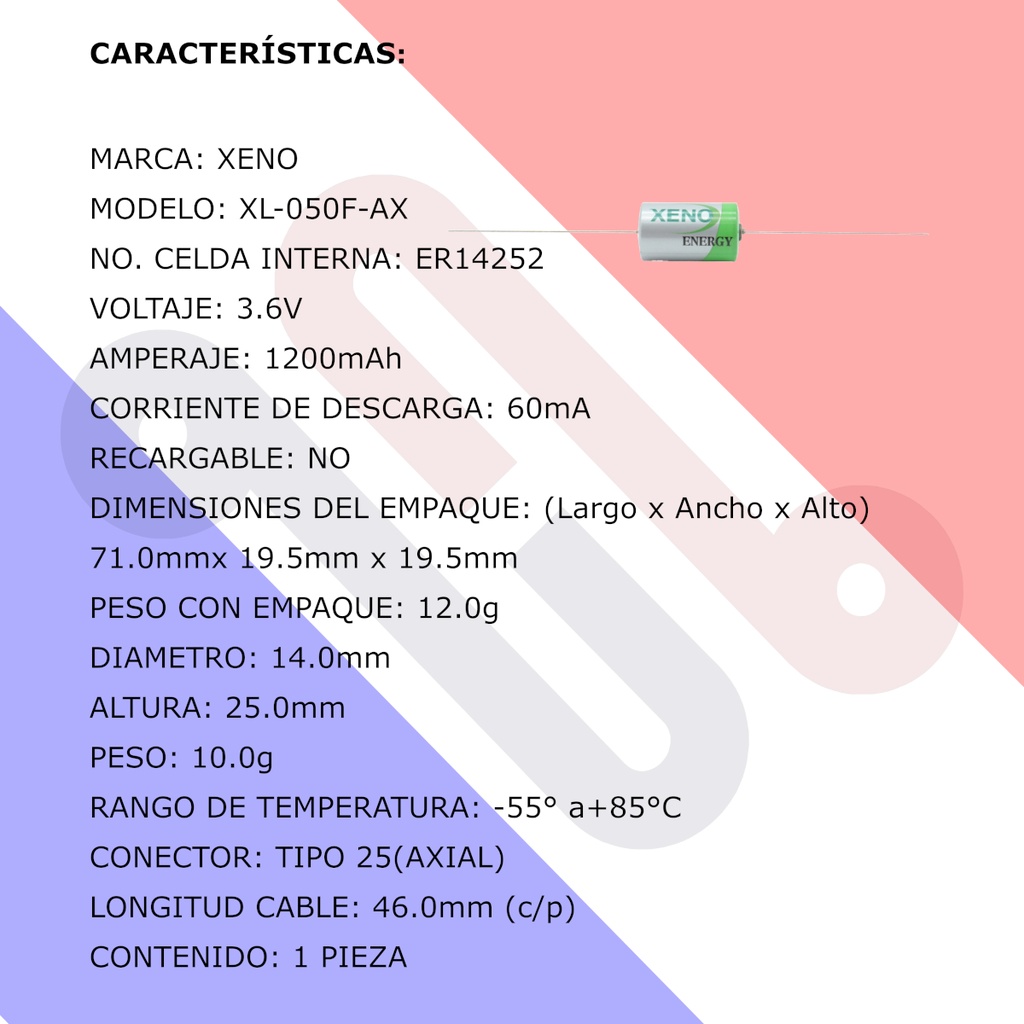 Pila Batería Xeno Energy XL-050F 3.6V 1200mAh 1/2 AA Litio Conector Axial Alambre