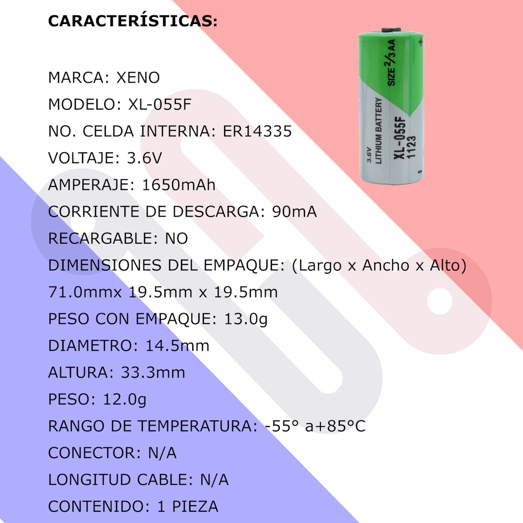 Pila Batería Xeno Energy XL-055F 3.6V 1650mAh 2/3 AA Litio