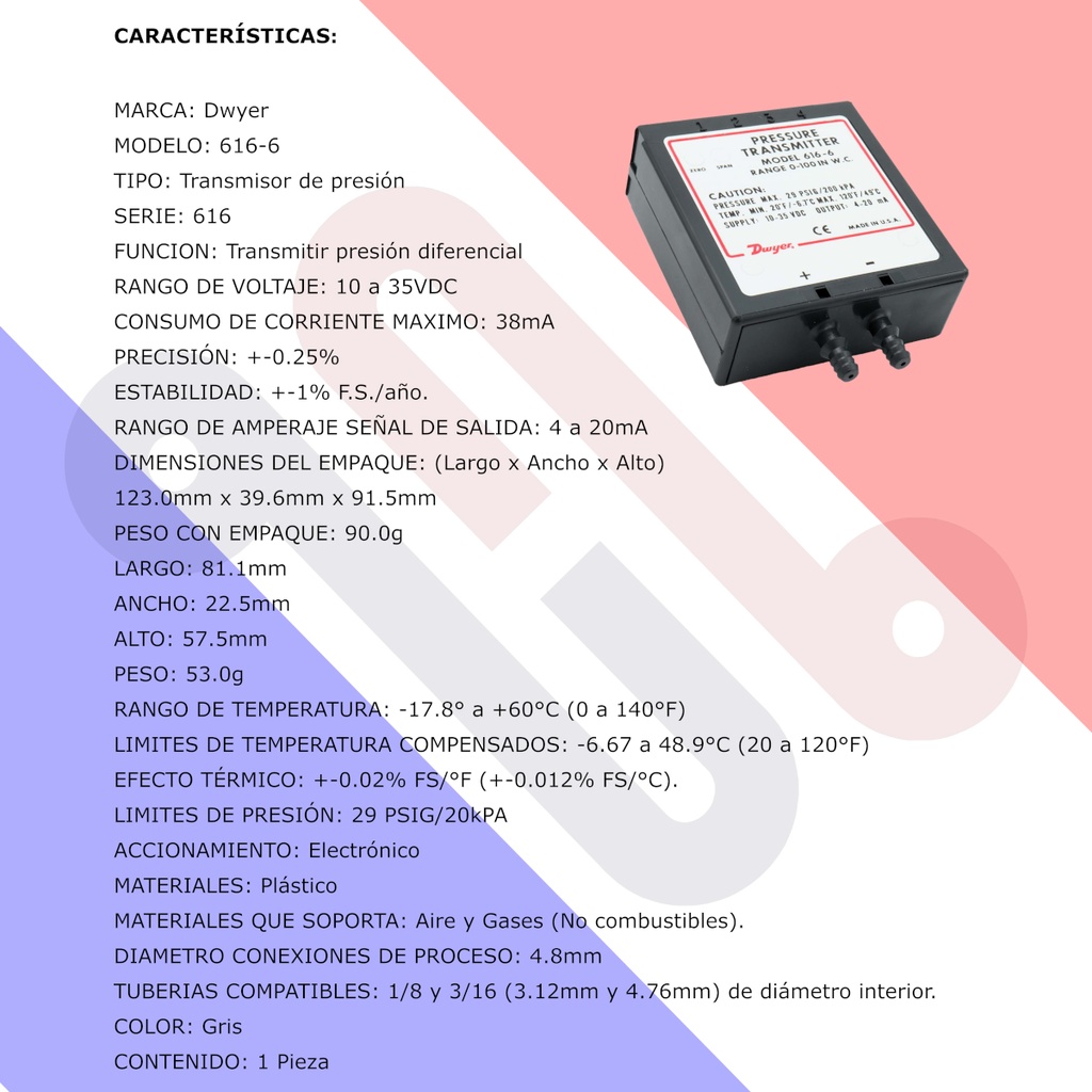 Transmisor De Presión Diferencial Dwyer 616-6 Para Gases 