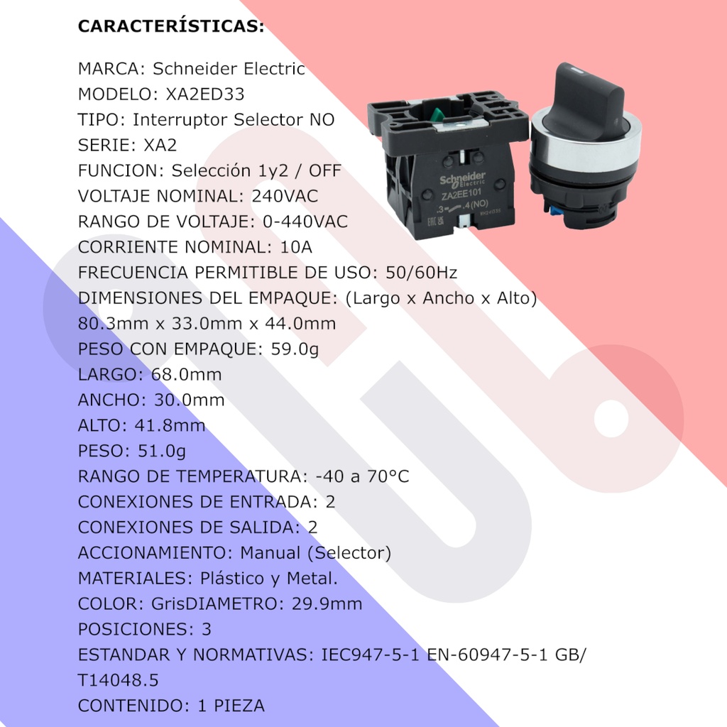 Interruptor Selector Conmutador Completo Schneider Electric XA2ED33 Ø 22mm 3 Posiciones 2 NO
