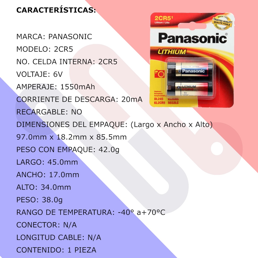 Pila Batería Panasonic 2CR5 2CR-5MPA/1B 6V DL245 EL2CR5 KL2CR5 5032LC