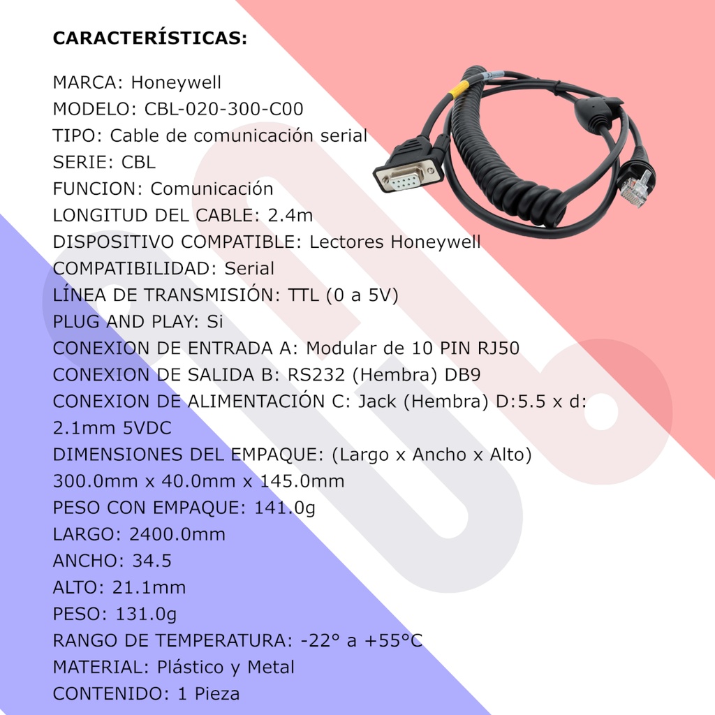 Cable Comunicación Serial Honeywell CBL-020-300-C00 DB9 Hembra RS232 3m