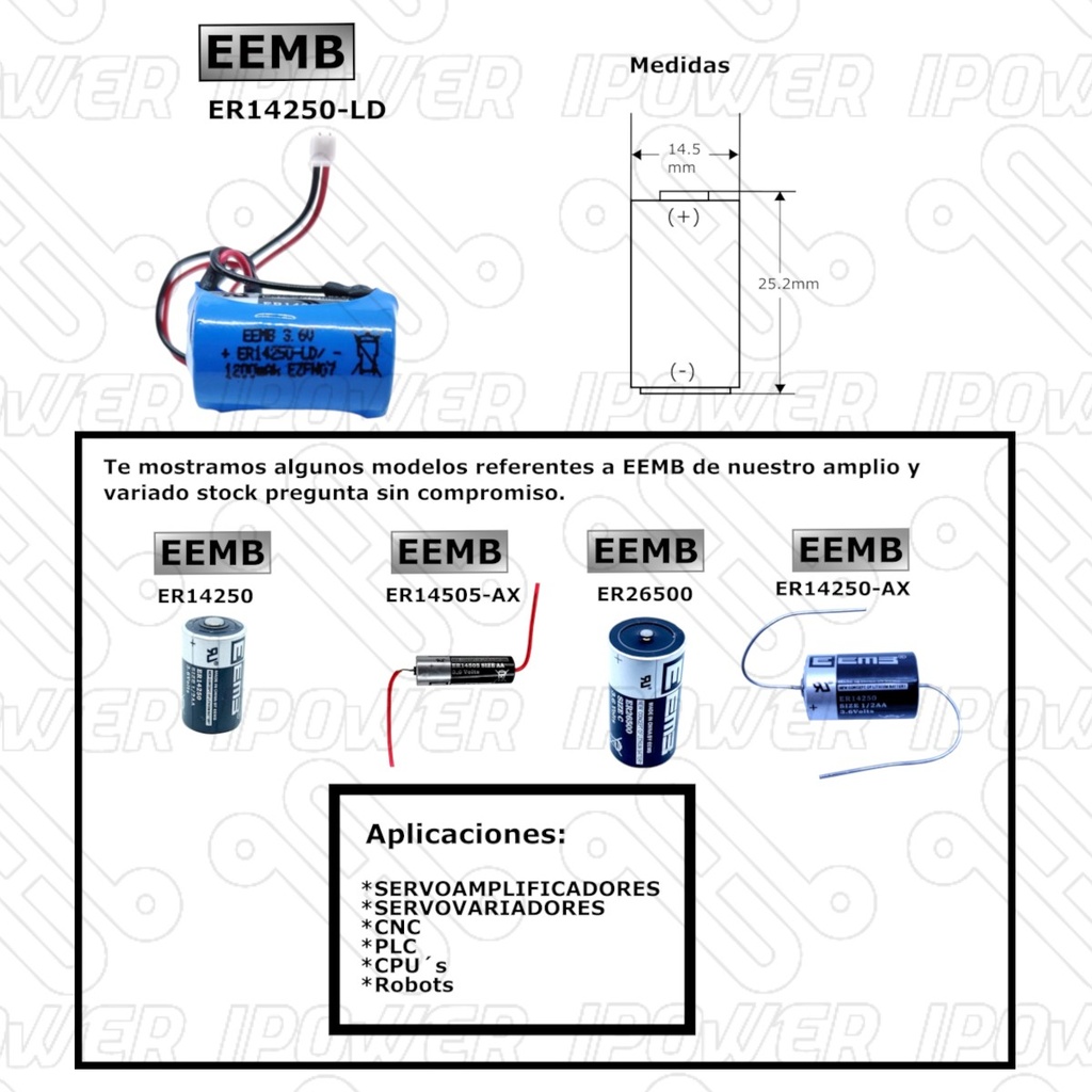 Pila Batería EEMB 14250 ER14250-LD 1/2AA 3.6v 1200mAh Conector Blanco Mini
