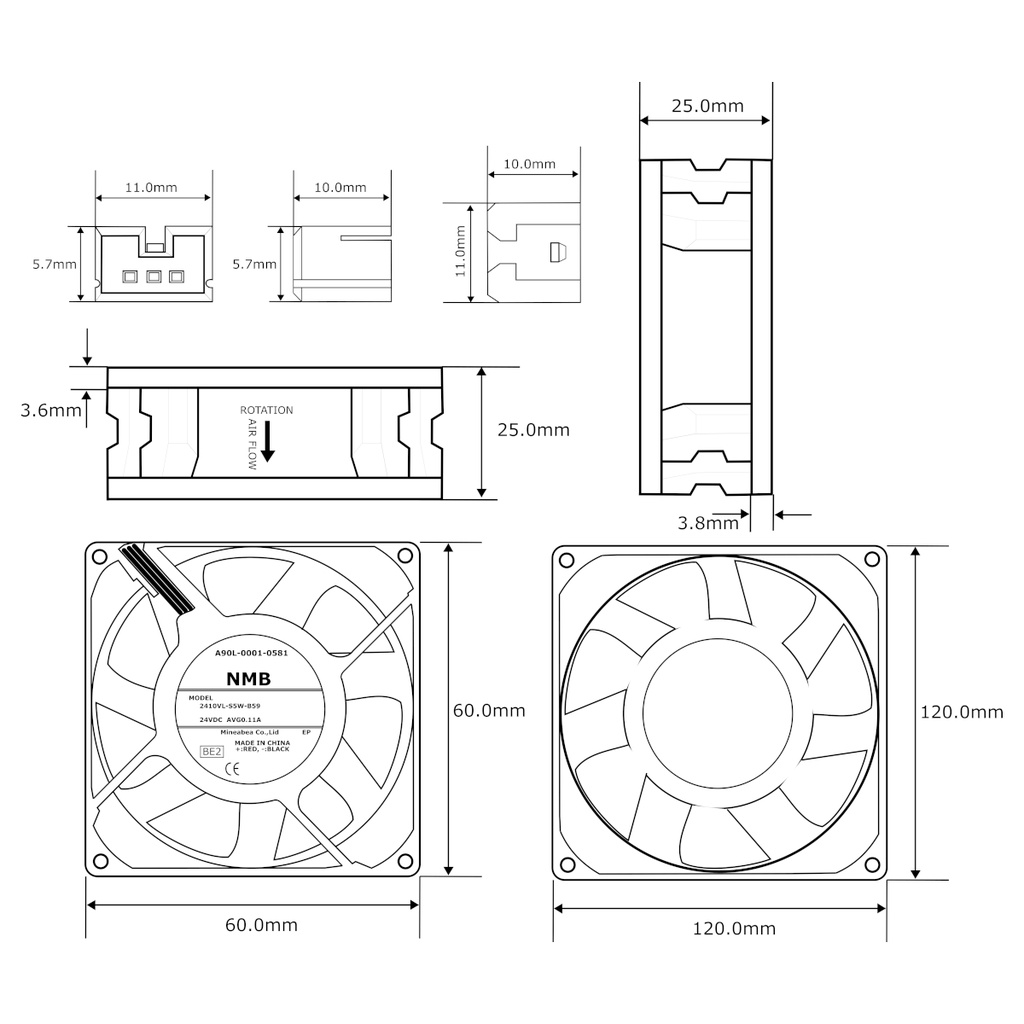 Ventilador NMB 2410VL-S5W-B59 A90L-0001-0581 24V DC 0.11A 60mm x 60mm x 25mm