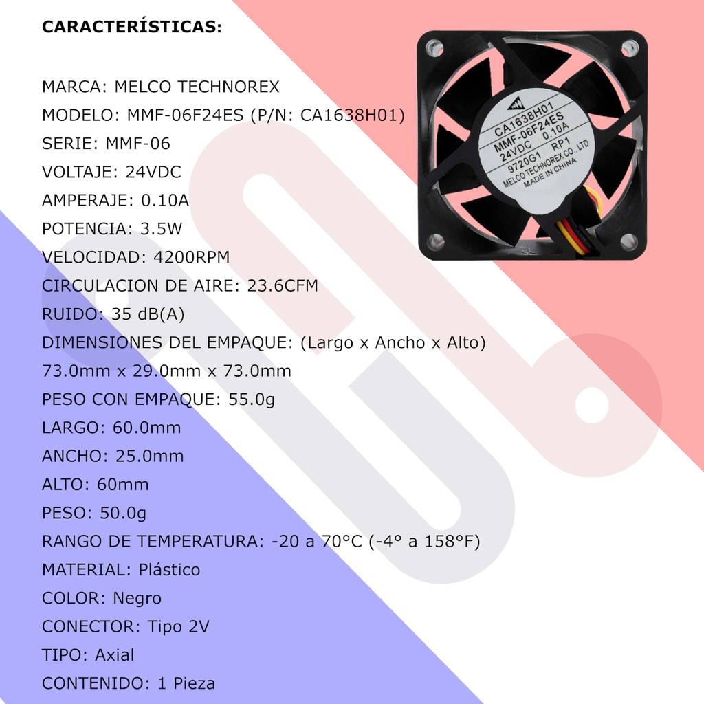 Ventilador MELCO TECHNOREX CA1638H01 MMF-06F24ES 9720G1 RP1 24V DC 0.10A 60mm x 60mm x 25mm