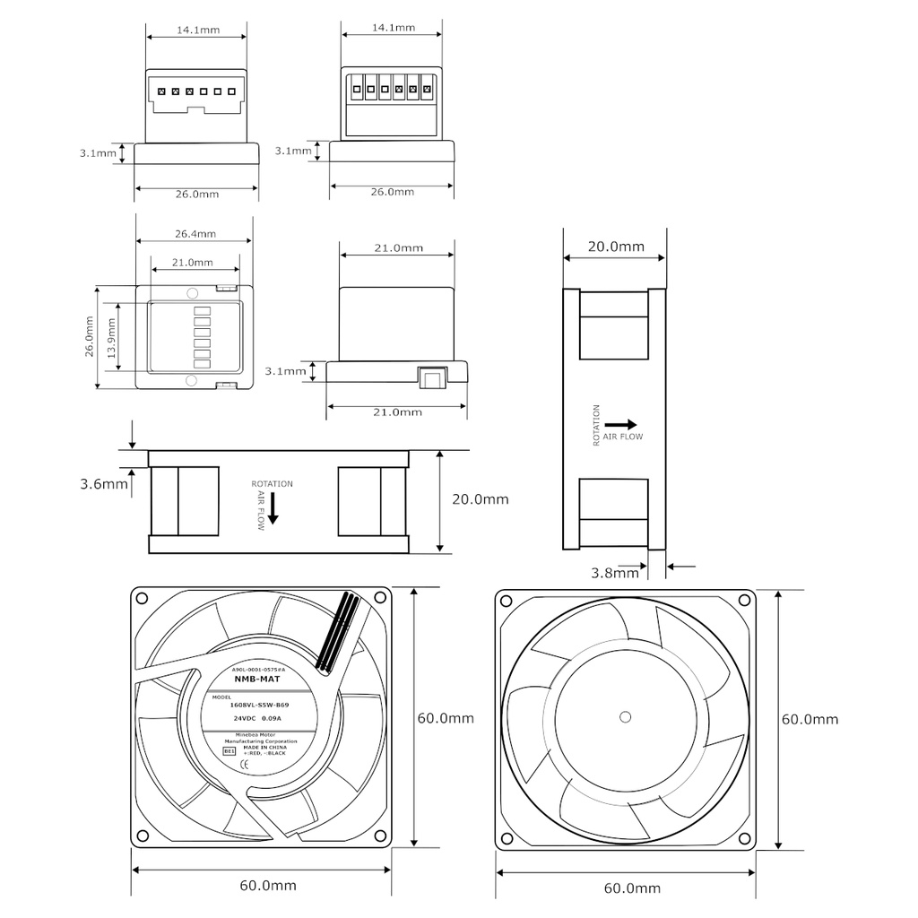 Ventilador NMB-MAT 1608VL-S5W-B69 A90L-0001-0575#A 24V DC 0.09A 40mm x 40mm x 10mm