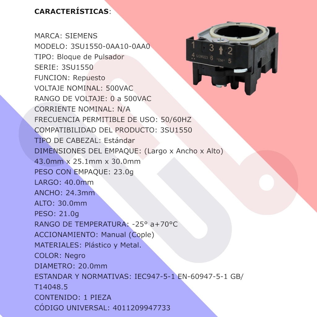 Bloque Cuerpo Collar SIEMENS SIRIUS ACT 3SU1550-0AA10-0AA0 Sin Módulo
