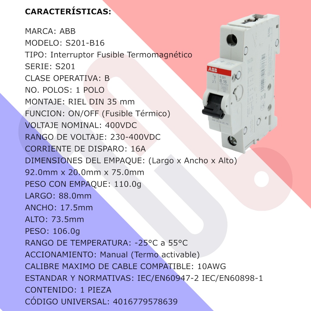 Interruptor Termomagnético Automático ABB S201-B16 230V / 400V 16A