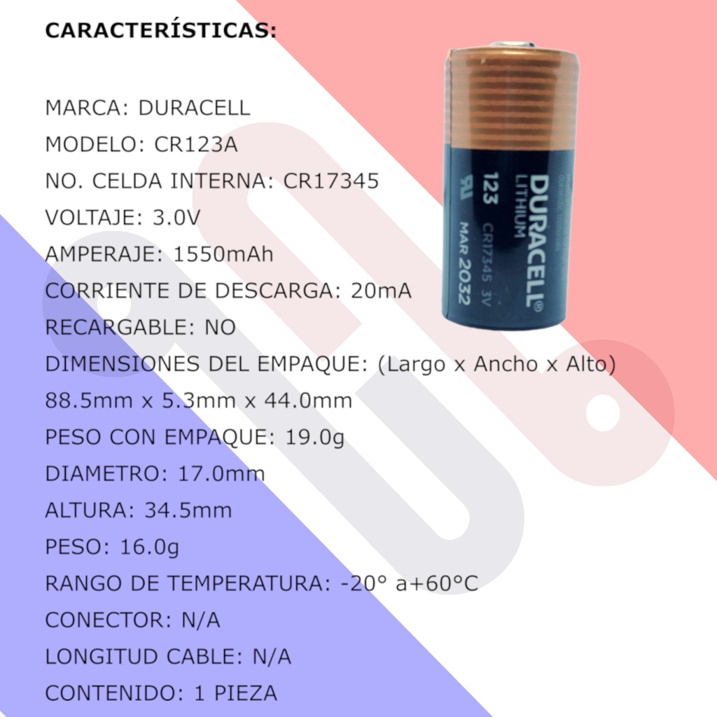 Pila Batería De Litio Duracell Mod: CR123A (CR17345) 3V