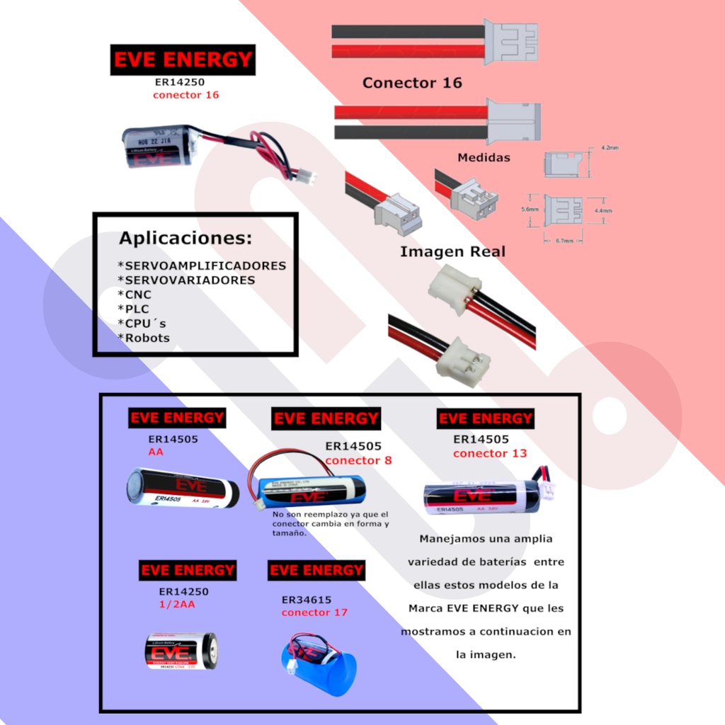 Pila Batería Eve Energy 14250 ER14250 3.6V 1250mAh 1/2AA Conector Blanco Pequeño.