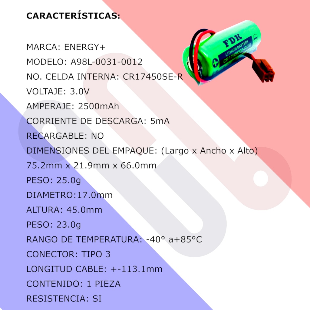 Pila Batería FDK FUJI 17450 CR17450SE-R A98L-0031-0012 3.0V  2500mAh Conector Marrón Con Resistencia