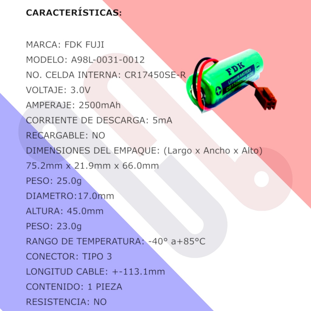 Pila Batería FDK FUJI 17450 Mod: CR17450SE-R A98L-0031-0012 3.0V 2500mAh Conector Marrón Sin Resistencia