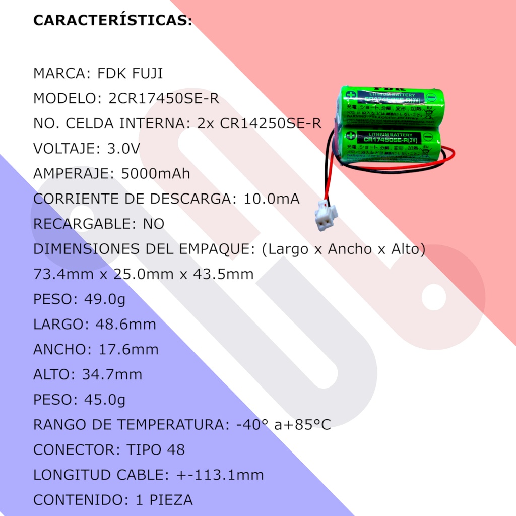 Pila Batería FDK FUJI 17450 2CR17450SE-R 3.0V 5000mAh Conector Blanco