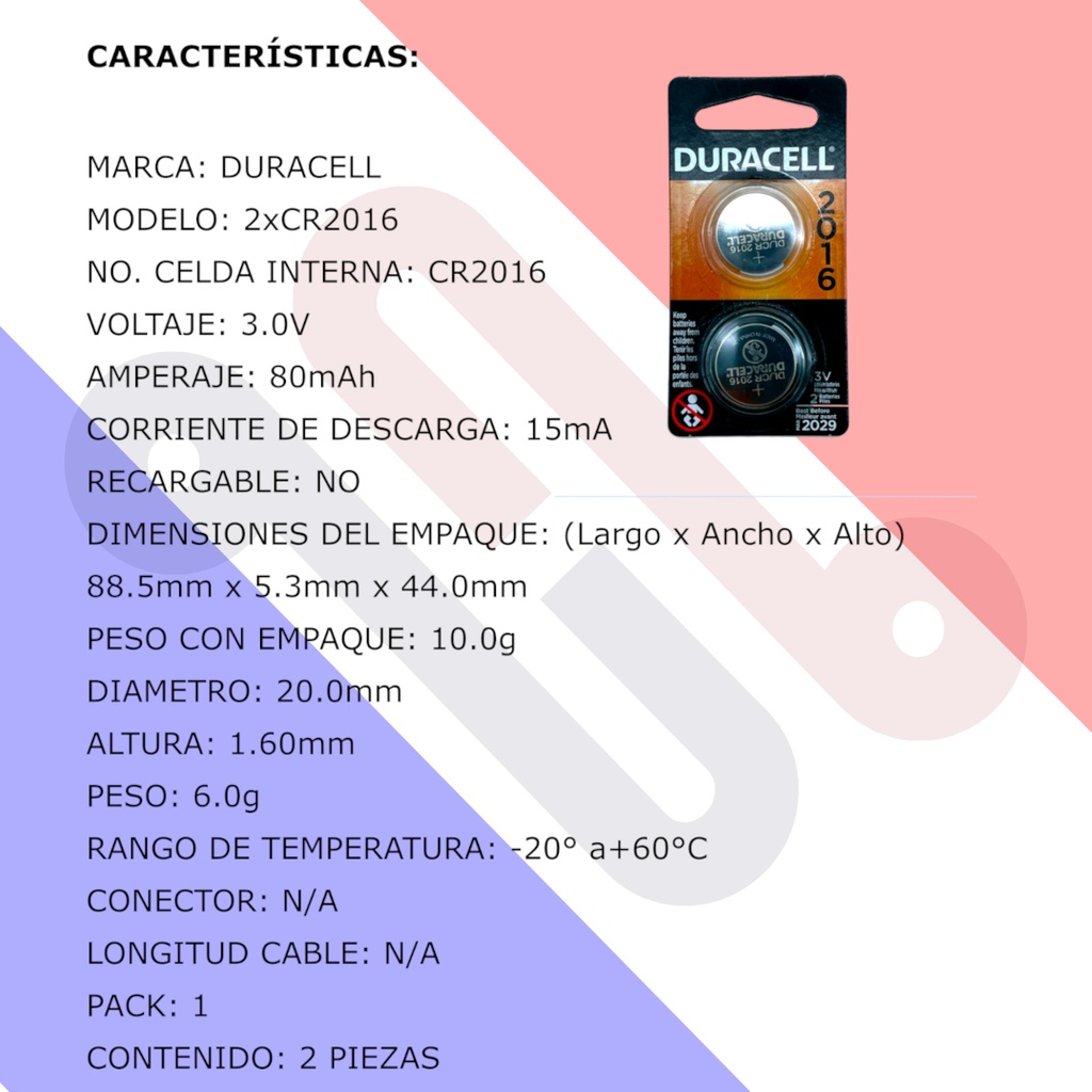 Pila Batería Duracell DL /CR2016 3.0V 1 pack 2 pzs
