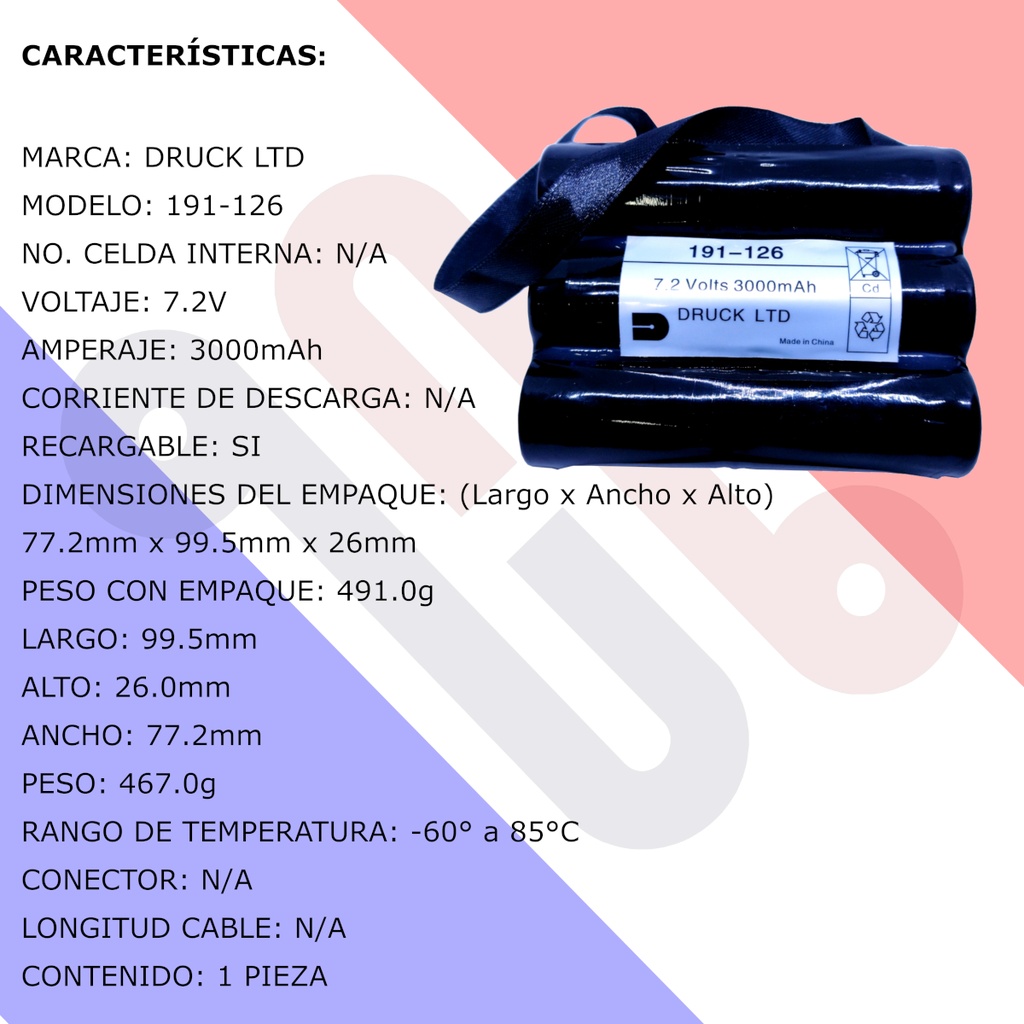 Pila Batería DRUCK LTD No. Parte: 191-126 7.2V 3000mAh Para Probador de Presión Portable GE DPI610-DPI615