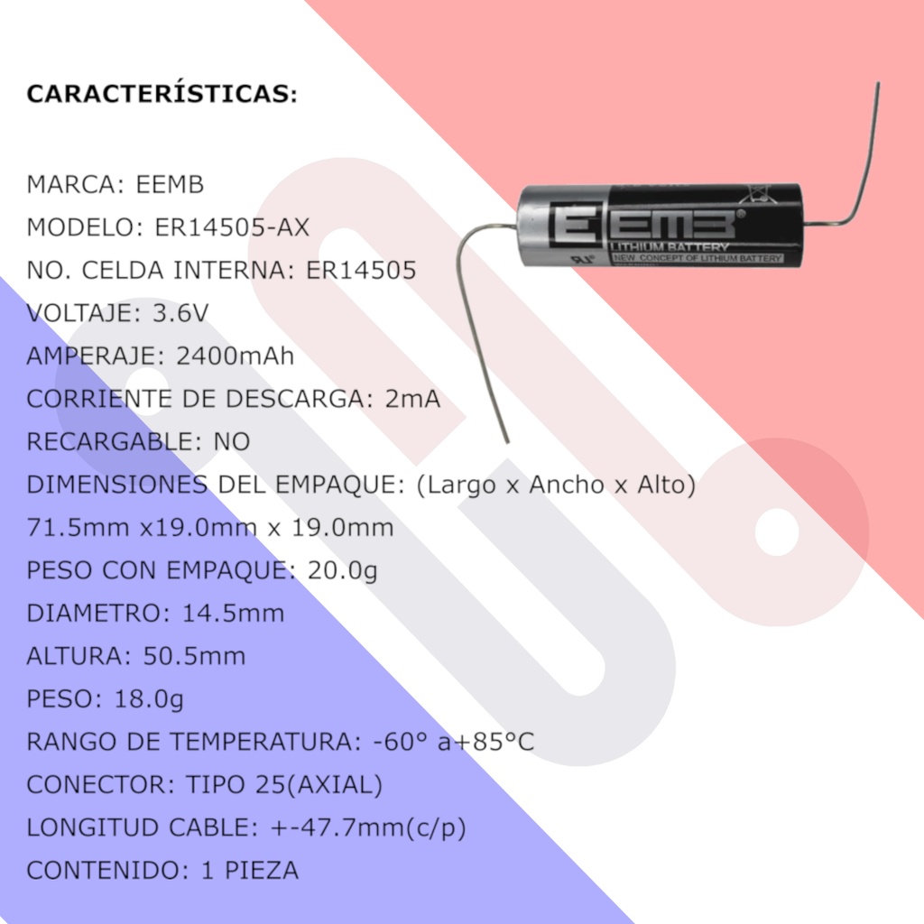 Pila Batería EEMB 14505 ER14505-AX 3.6V AA Con Conector Axial