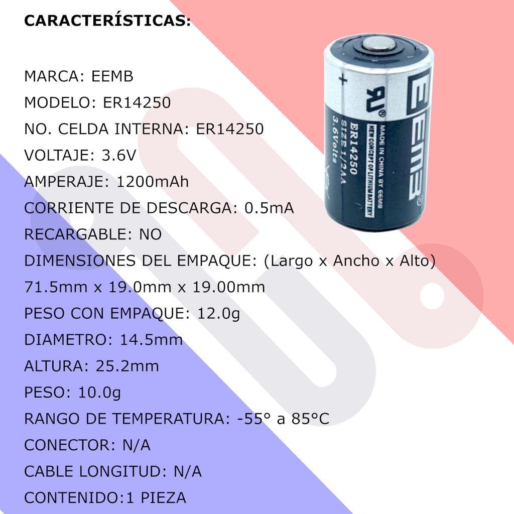 Pila Batería EEMB 14250 ER14250 1/2AA 3.6v 1200mAh.