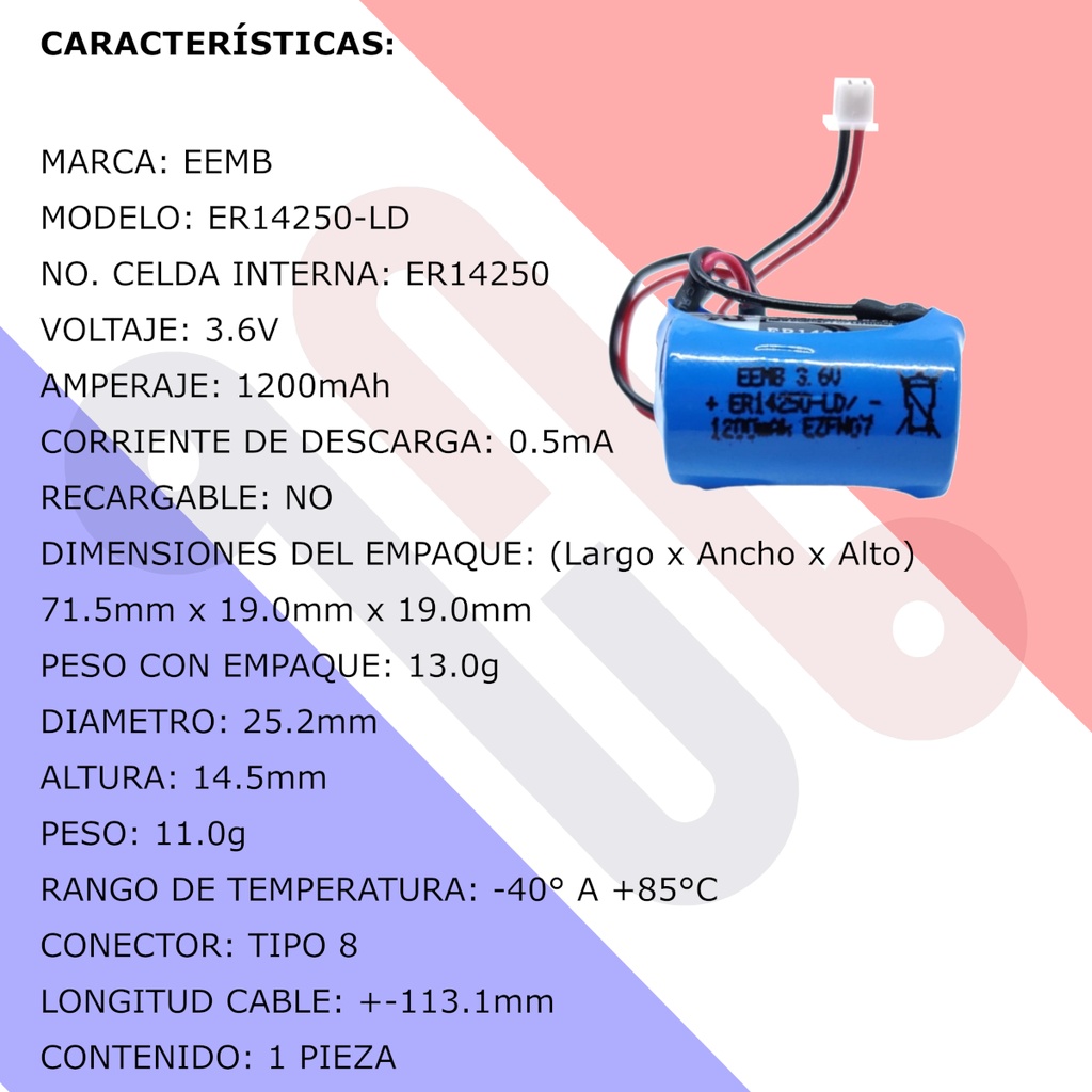 Pila Batería EEMB 14250 ER14250-LD 1/2AA 3.6v 1200mAh Conector Blanco Mini