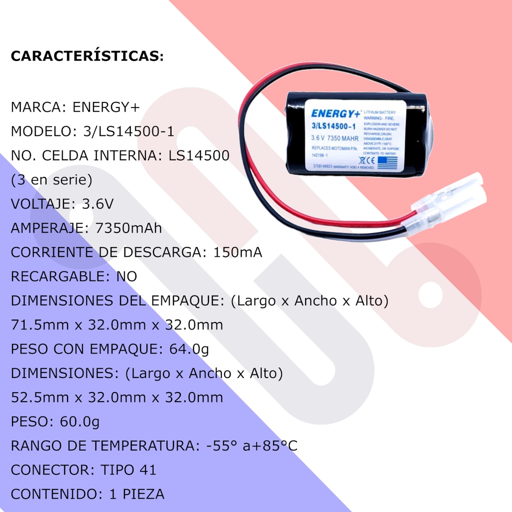 Pila Batería Energy+ 14500 3/LS14500-1 3.6v 7350mAh 2 Terminales Reemplazo Motoman HW970932-A (Energy)