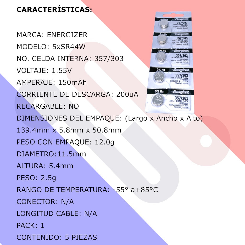 5X Pila Batería Energizer SR44W 357/303 1.55V 165mAh Tipo Botón.