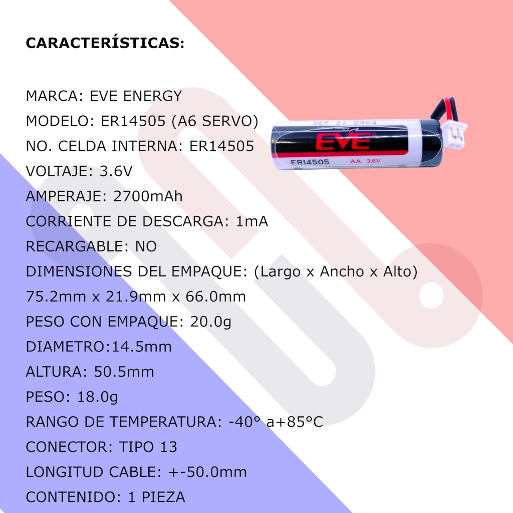 Pila Batería Eve Energy A6Servo ER14505 3.6V 2700mAh Conector Blanco Pequeño Para DVOP2990 A6 Servo