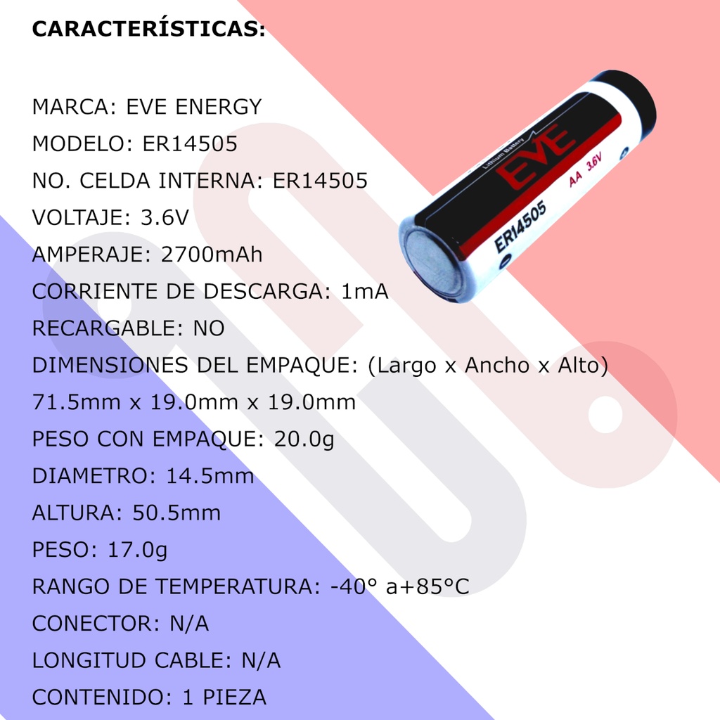 Pila Batería EVE Energy 14505 ER14505 3.6V 2700mAh AA