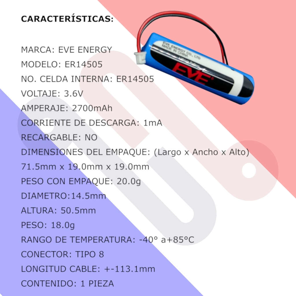 Pila Batería EVE Energy 14505 ER14505 3.6V 2700mAh AA Conector Blanco Mini