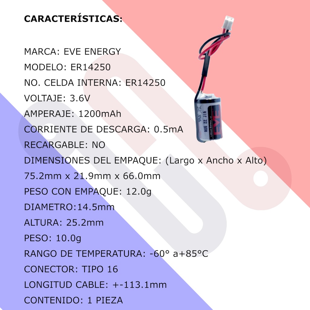 Pila Batería Eve Energy 14250 ER14250 3.6V 1250mAh 1/2AA Conector Blanco Pequeño.