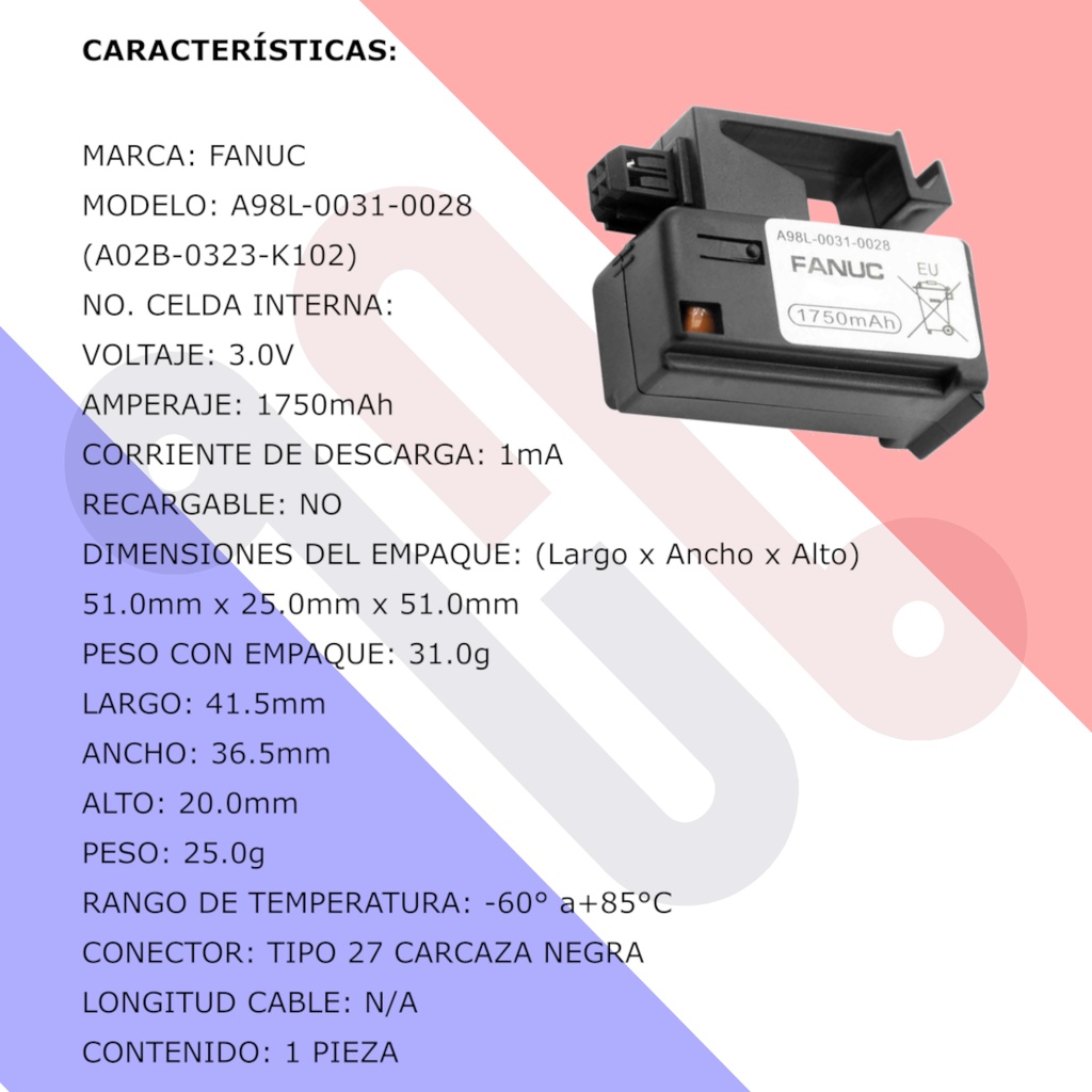 Pila Batería Fanuc A98L-0031-0028 (A02B-0323-K102) 3V 1750mAh Carcasa Negra