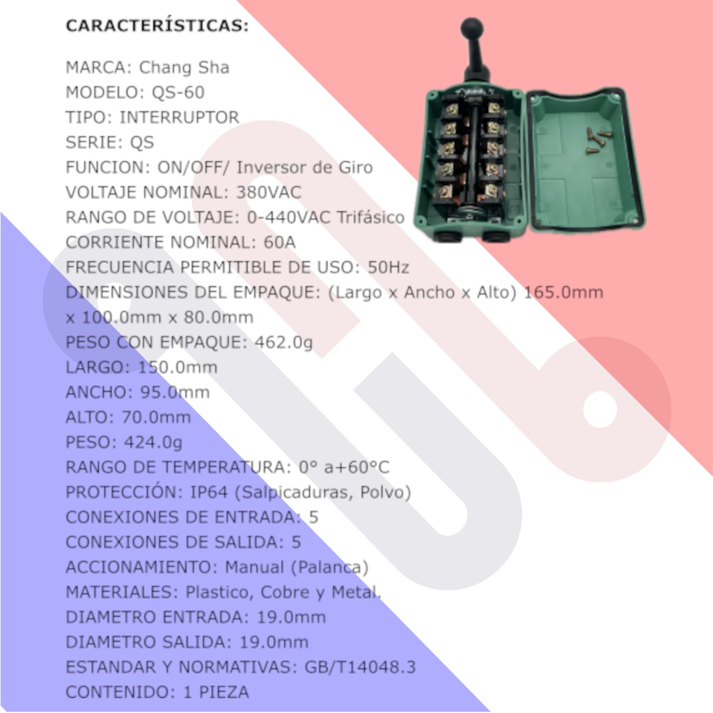 Interruptor Inversor Manual Chang sha Mod: QS-60 380VAC 60A 50Hz