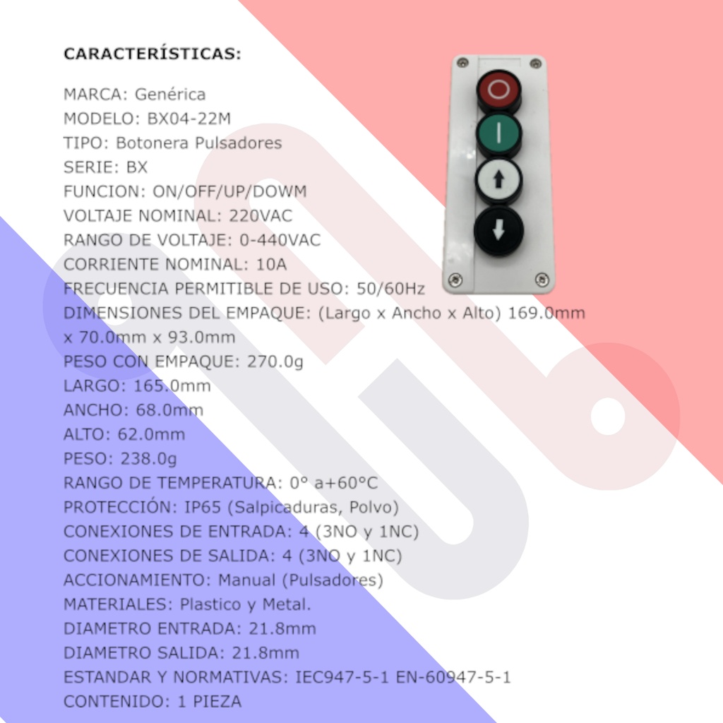 Botonera Industrial BX04-22M 4 Botones Pulsadores 400VAC 10A Arranque Paro Arriba Abajo