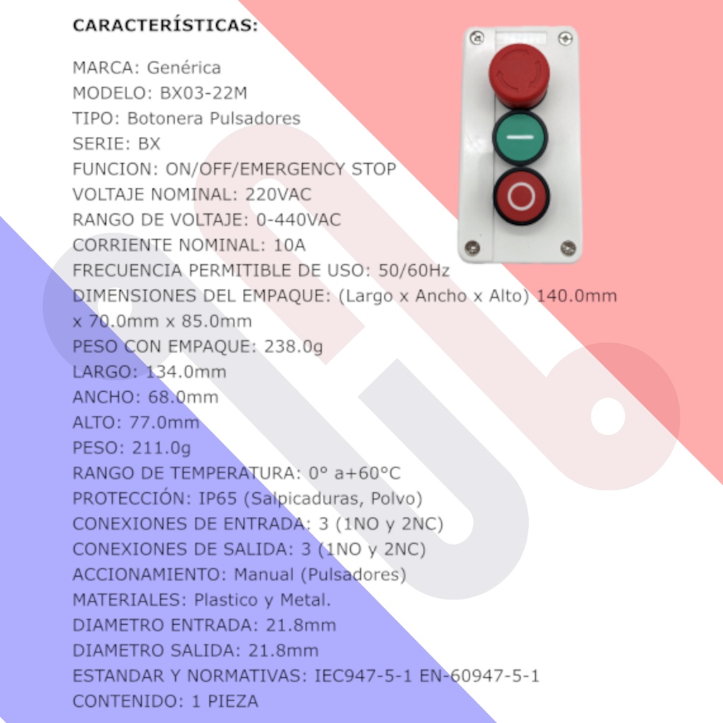 Botonera Industrial BX03-22M 3 Botones Pulsadores y Paro de Emergencia 400VAC 10A Arranque Paro Emergencia