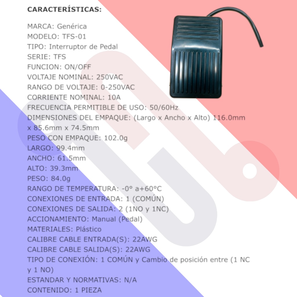 Interruptor de Pedal Pie TFS-01 250V AC 10A Plástico Control