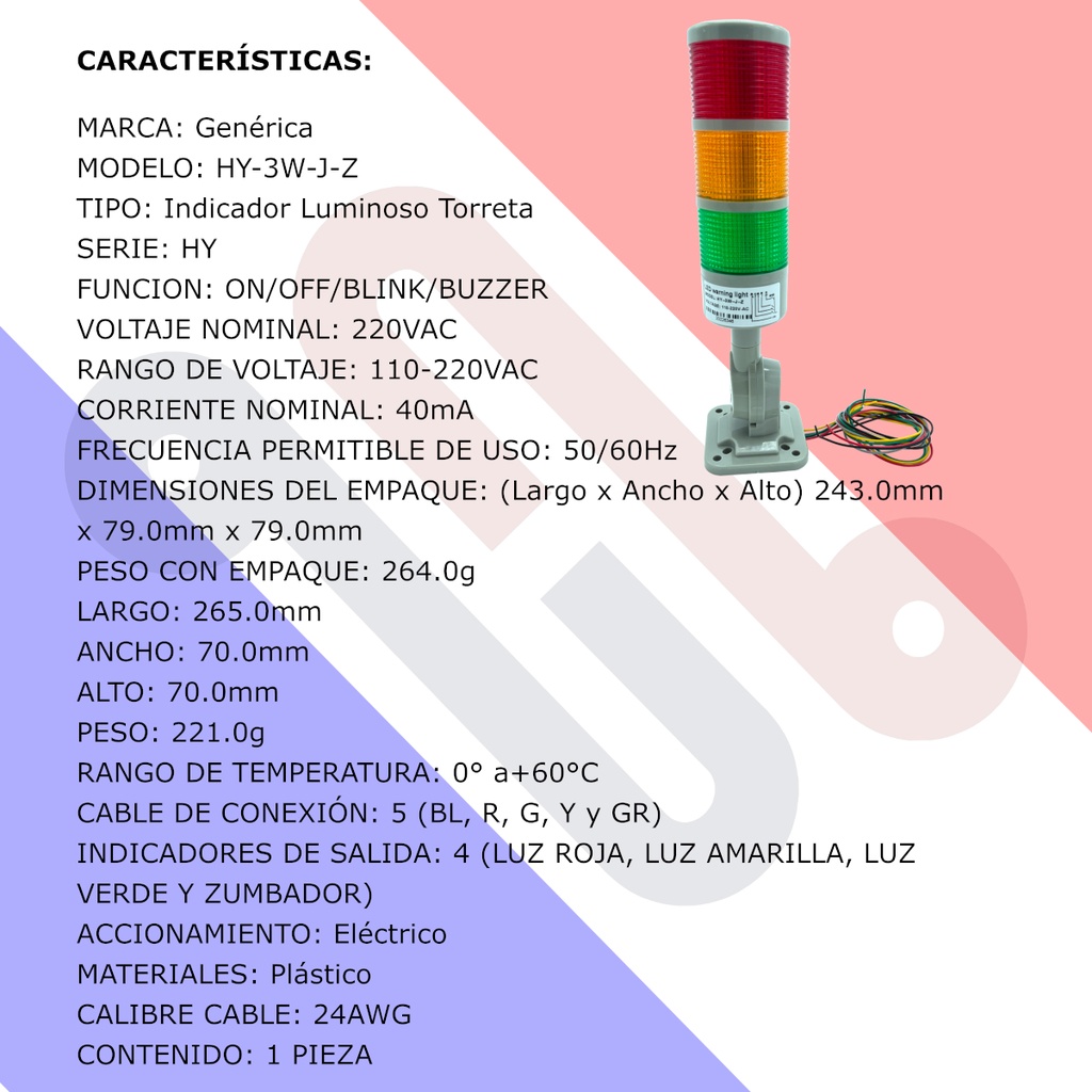 Torre Indicadora Industrial HY-3W-J-Z Semáforo 3 Colores 110-220V AC Maquinaria Con Buzzer