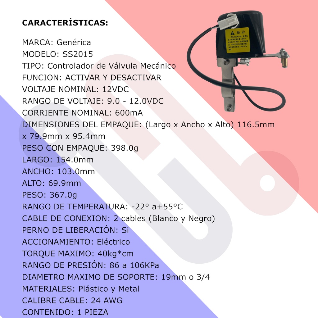 Controlador de válvula SS2015 12V DC 600mA 40Kg Manipulador Mecánico Gas o Agua
