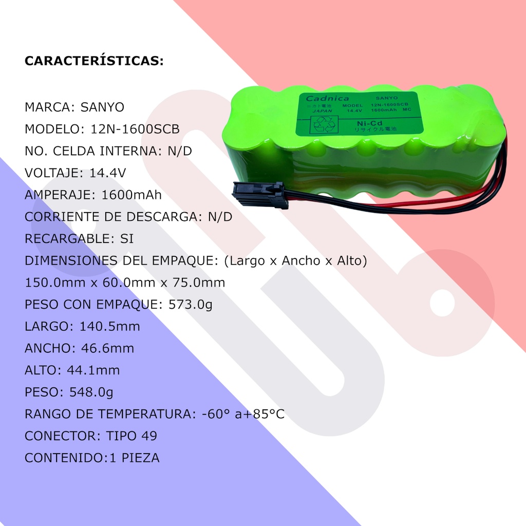 Pila Batería Recargable Sanyo Cadnica Mod: 12N-1600SCB 14.4v 1600mAh Conector Negro